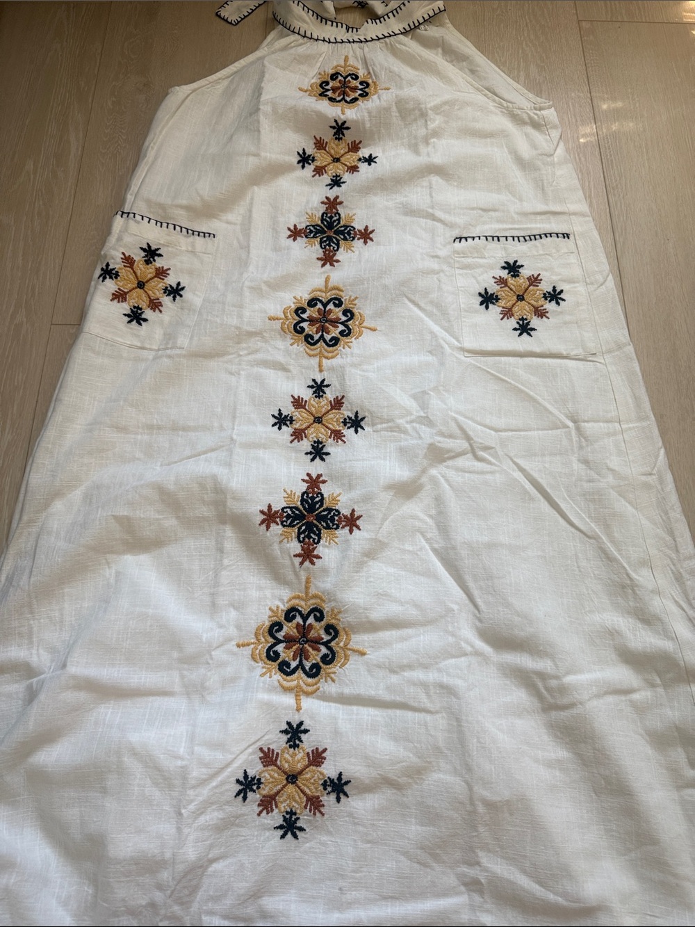 Solitaire White Embroidered Pocketed Maxi Dress with Tan and Black Accents - Picture 6 of 7